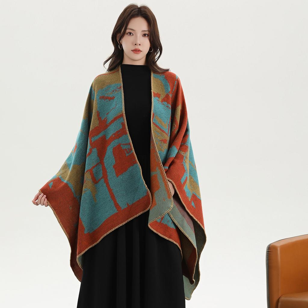Shawl Imitation Cashmere Knitted Scarf Split Fork Oil Painting Cape Cloak Outside