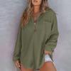 Women Tops Lapel Buttons Half Placket Long Sleeve Pullover Tops Solid Color