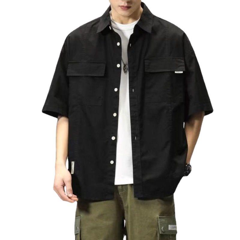 Trendy Korean-Style Men's Military Green Short-Sleeve Workwear Shirt
