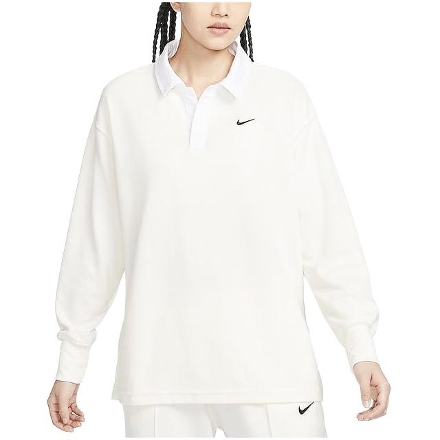 Nike Однотонная футболка с воротником-поло, свободная, с длинным рукавом и заниженной линией плеч, женские топы, белые FB8721-133