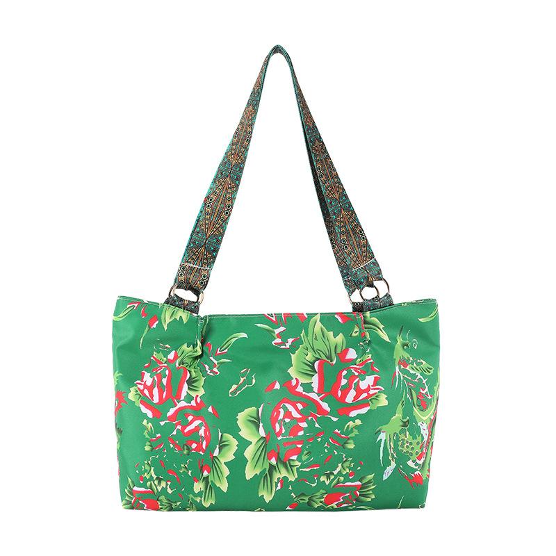 Northeast Big Flower 2024 Spring Literary and Artistic Fan Ethnic Style Printing Fashion Trendy with Large Capacity Tote Shoulder Women's Nylon Cloth