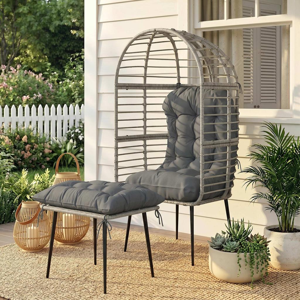 Garden Egg Chair with Footstool, Rattan Indoor Outdoor Lounge Chair and Ottoman Set with Thick Cushions, Light Grey