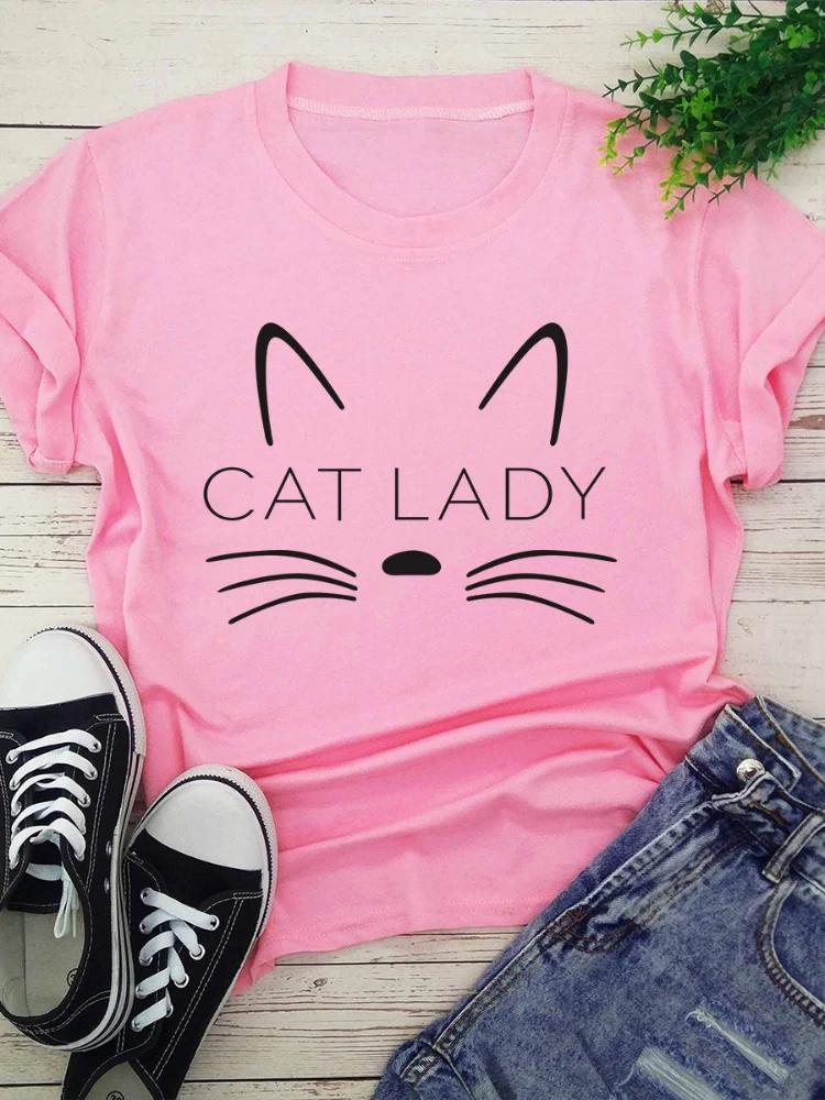 Милая кошачья мордашка с принтом для женщин Футболка с коротким рукавом и круглым вырезом Свободная женская футболка Женская футболка Топы Camisetas Mujer