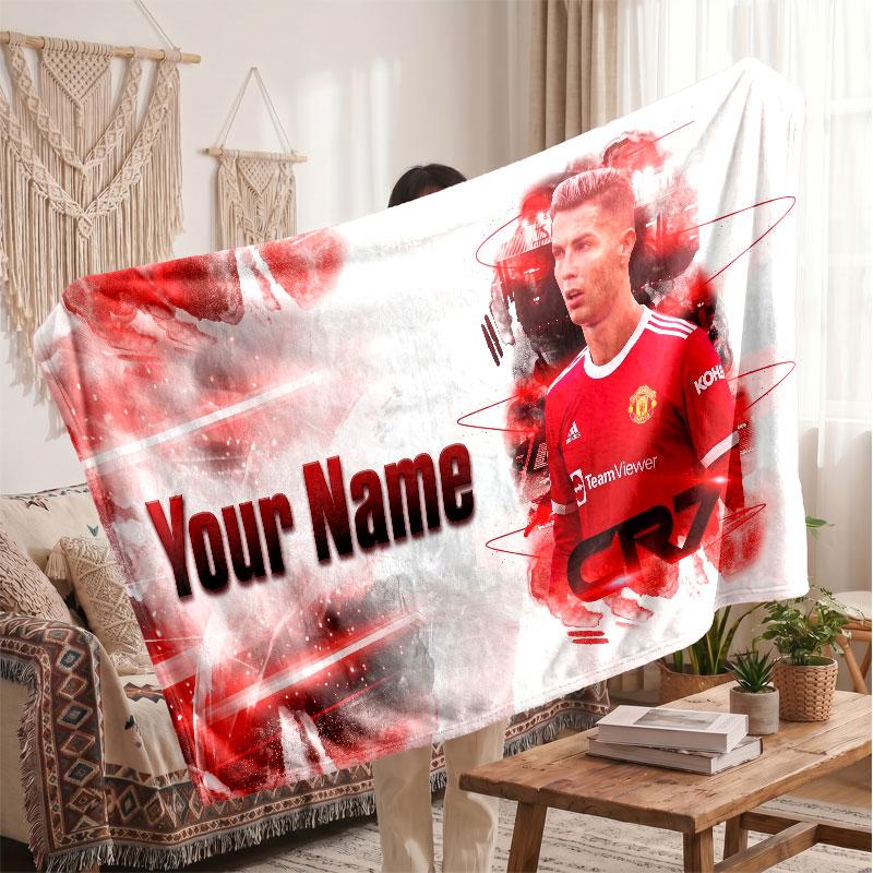 Cristiano Ronaldo Personalized Fleece Blanket With Football Logo, Custom Name Text Soft Warm Home Throw Blanket
