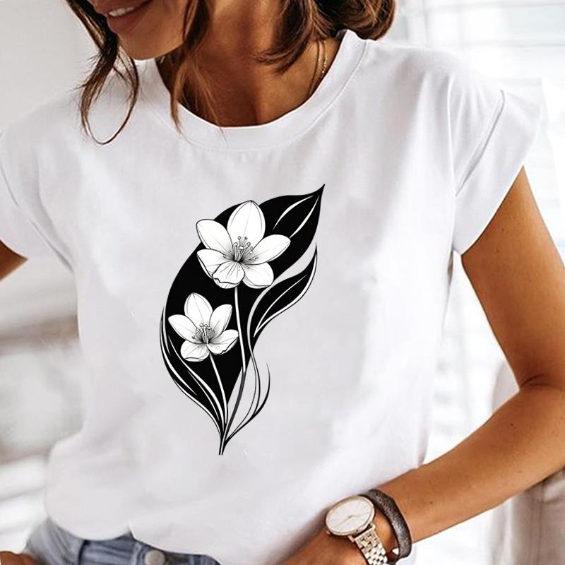 (Asian Size) Clothing Style Flower Trend Short Sleeve Print T Shirt Fashion Ladies Casual Women Tee Top Lady Female Graphic T-shirts