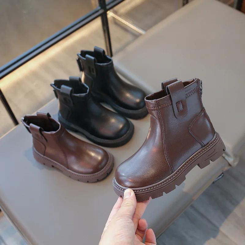 Детские кожаные ботинки Ретро британский стиль Мальчики Девочки Короткие ботинки Однотонные Универсальные 2024 Осень Новые Детские туфли принцессы Элегантные