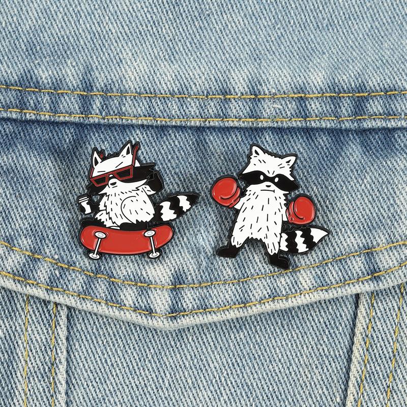 Street Style Raccoon Enamel Pins Cool Skateboard & Boxing Brooches Lapel Badges Animal Jewelry Gift for Kids Friends