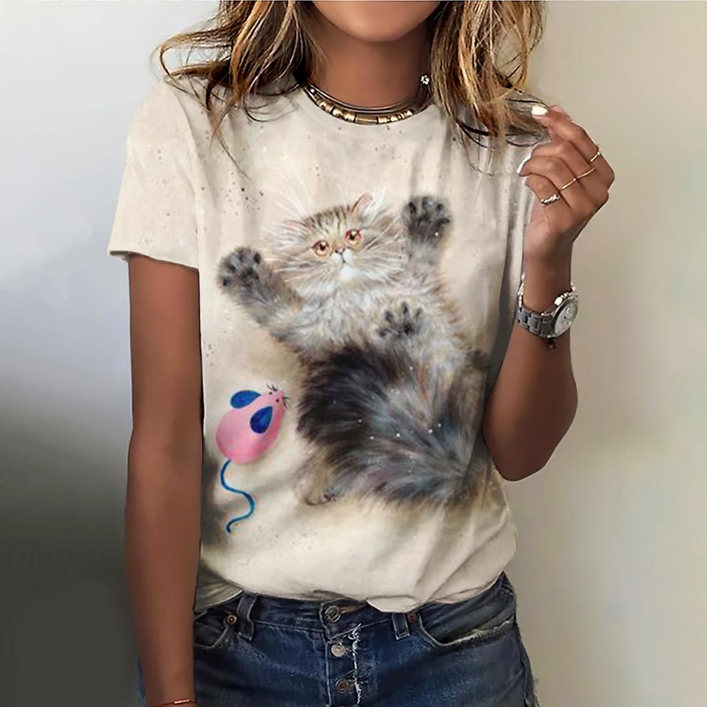 Fun Animal Pattern Women's T-shirt Cat Print Casual Short Sleeved Top