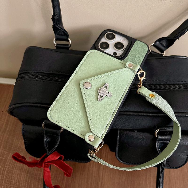 For Apple 16promax Rhinestone Button Wallet Mobile Phone Case for IPhone15 Portable Card Bag Planet Female New Model