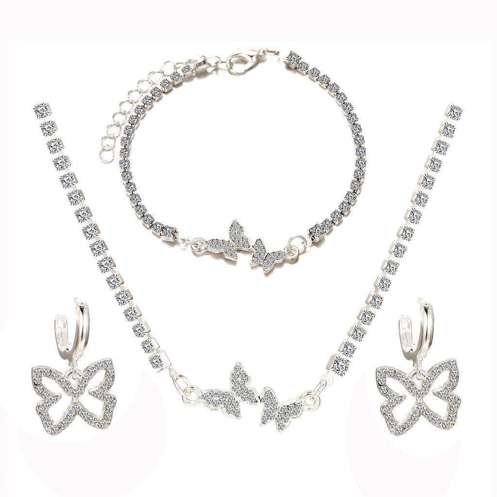 Three-piece artificial rhinestone butterfly necklace, earrings, and bracelet set
