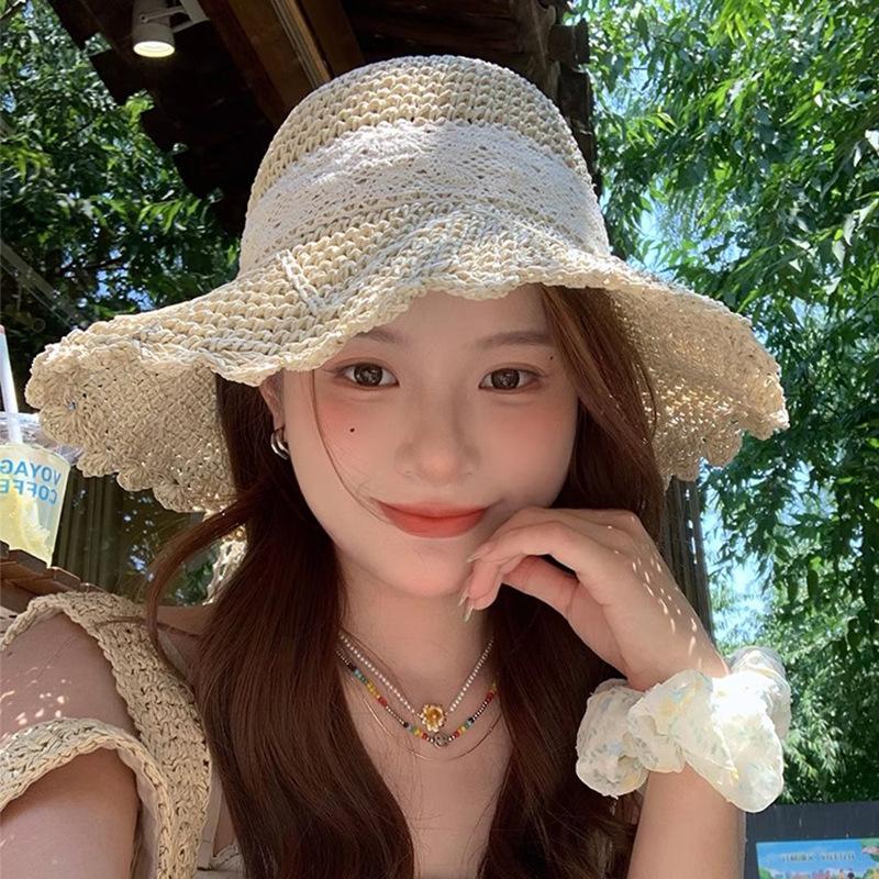 Women's Summer French Style Floral Lace Bowknot Straw Hat Beach Vacation Wide Brim Sun Protection Sun Hat