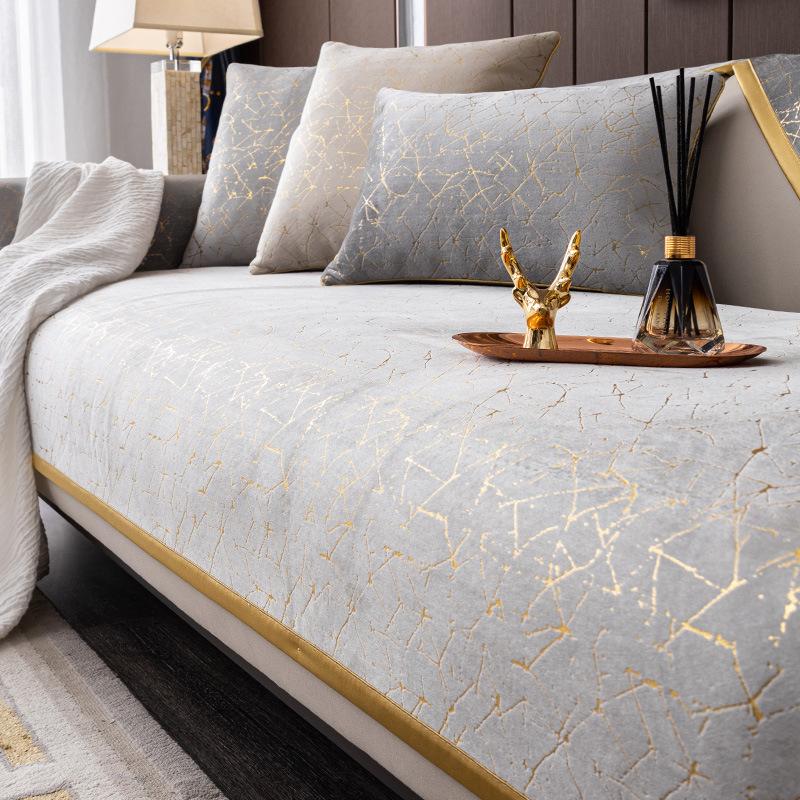 High-end Black Gold Leather Sofa Cushion Modern Non-slip Anti Cat Scratching Chair Pad Satin Edging Recliner Cover Towel Winter