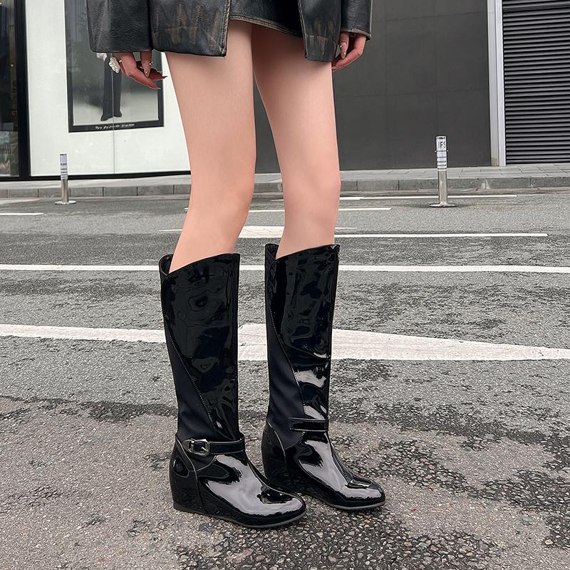 Women's flat-bottomed boots autumn and winter new large-size medium boots solid color versatile casual inner heel boots