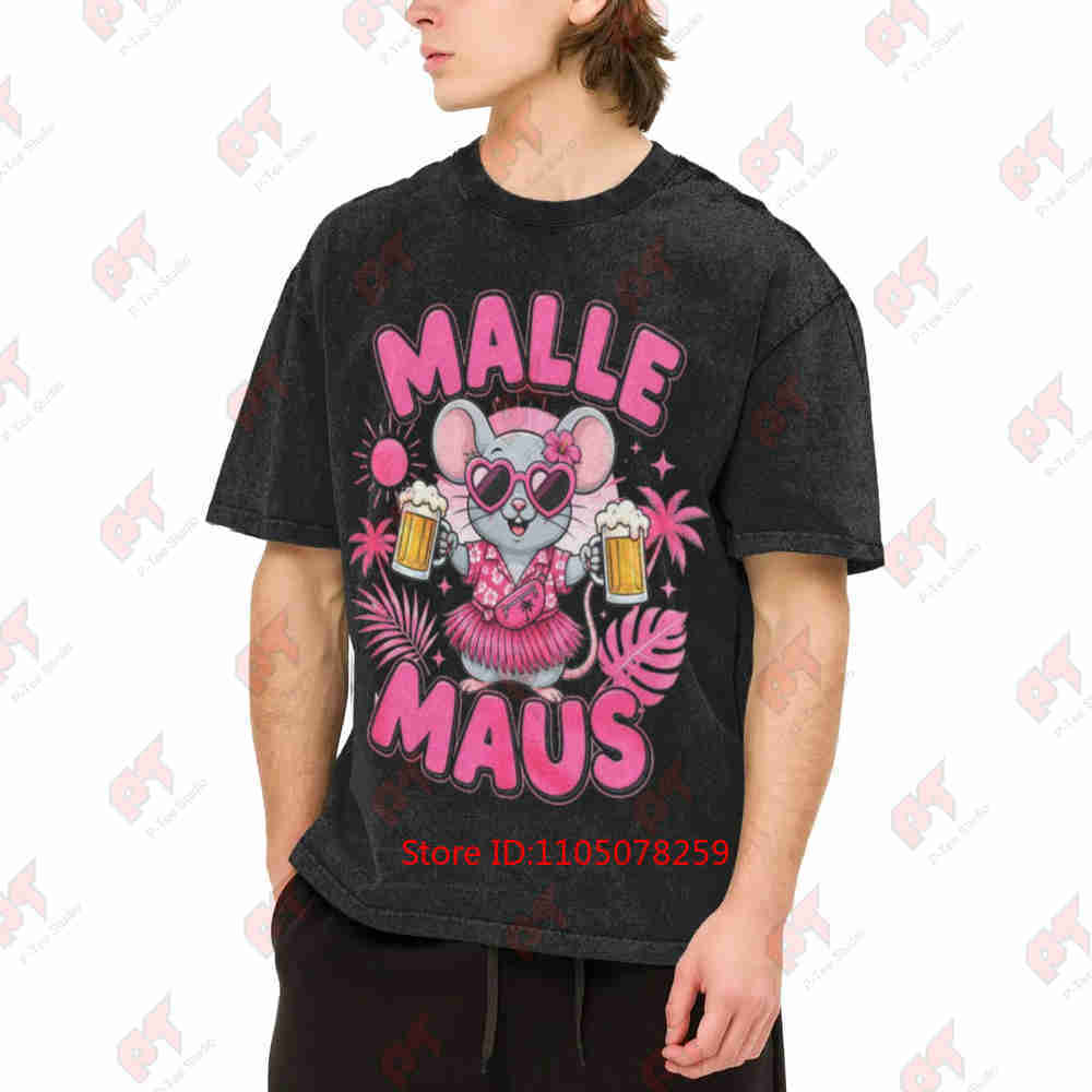 Malle Maus Tropical Mouse Beer Mugs Hibiscus Vintage Washed Tee Pure Cotton T-Shirt