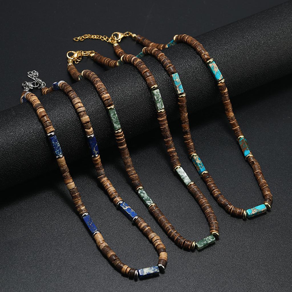 Retro Necklace Creative Trendy Neck Jewelry Made From Brown Coconut Shell Wood Beads And Natural Stone Pendant