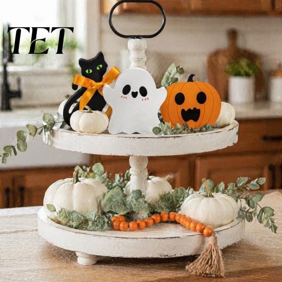 Wooden Ghost Pumpkin Black Cat Ornaments 3Pcs/Set Halloween Tiered Tray Decorations, Cute Small Figurine Set Ornaments, Block Table Signs for