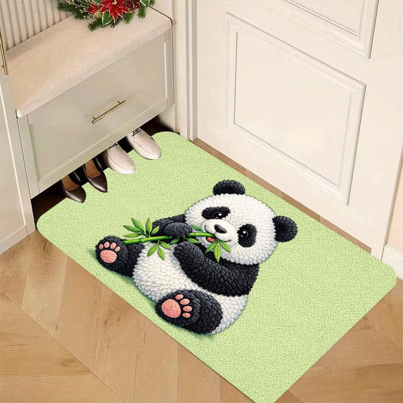 1pc, 2D Flat Printing, Cute Panda Munching Bamboo Door Mat, Non-Slip And Machine Washable Polyester Carpet, Suitable for Home And Outdoor Decor, Ideal