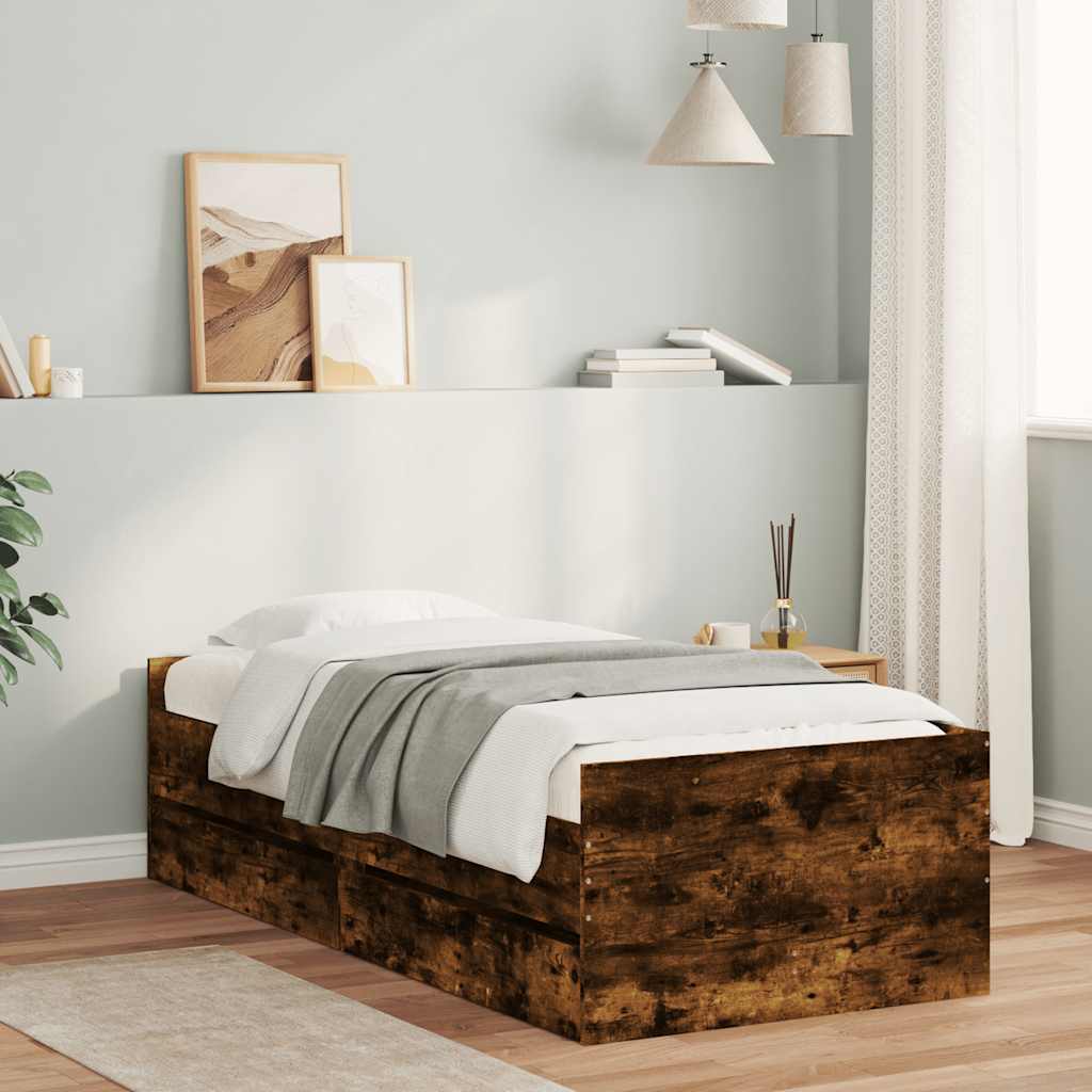 Bed Frame with Drawers Smoked Oak 90 x 190 cm