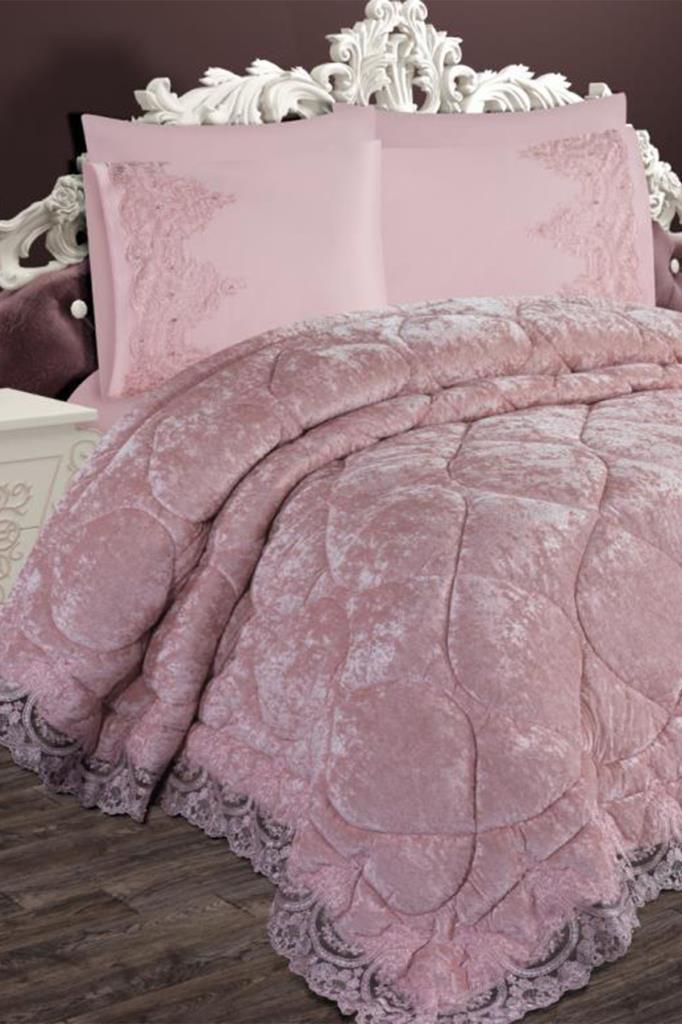 Ayzer Velvet Comforter Set 6pcs, Comforter 240x250, Sheet, Pillowcase 50x70, Double Size, Powder