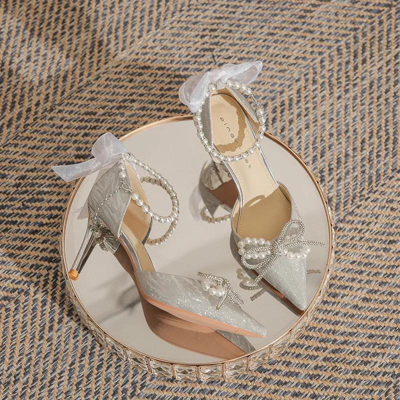 Женские босоножки на высоком каблуке, летняя мода, бант, жемчуг, женские туфли-лодочки с острым носком, элегантные женские босоножки, женская обувь для вечеринок