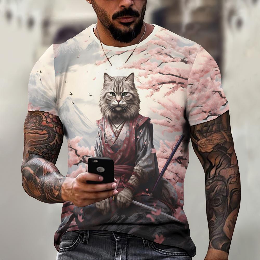 Мужские футболки с животными, летняя футболка с короткими рукавами, японский самурайский узор, одежда большого размера, модная повседневная уличная одежда