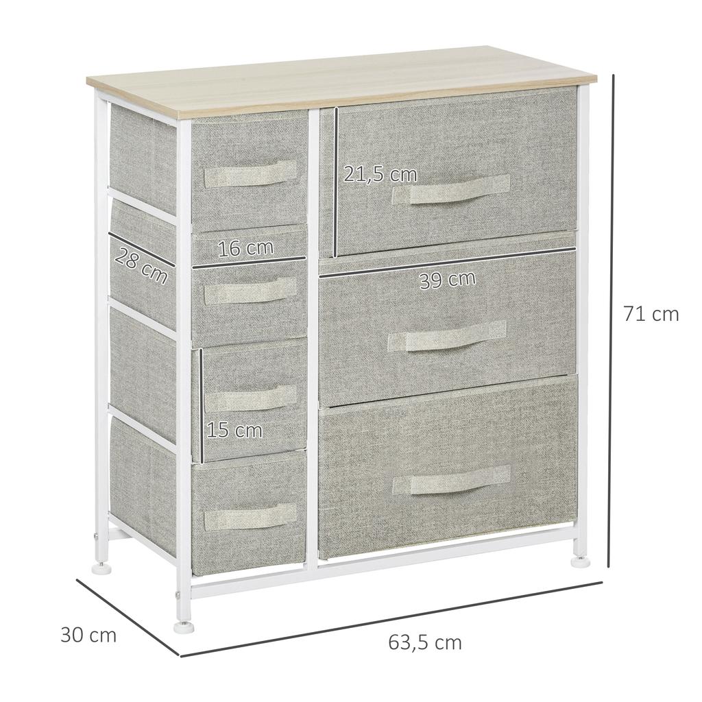 Chest of Drawers, Sideboard, 7 Foldable Fabric Drawers, Metal Frame, 63.5 x 30 x 71 cm, Light Gray