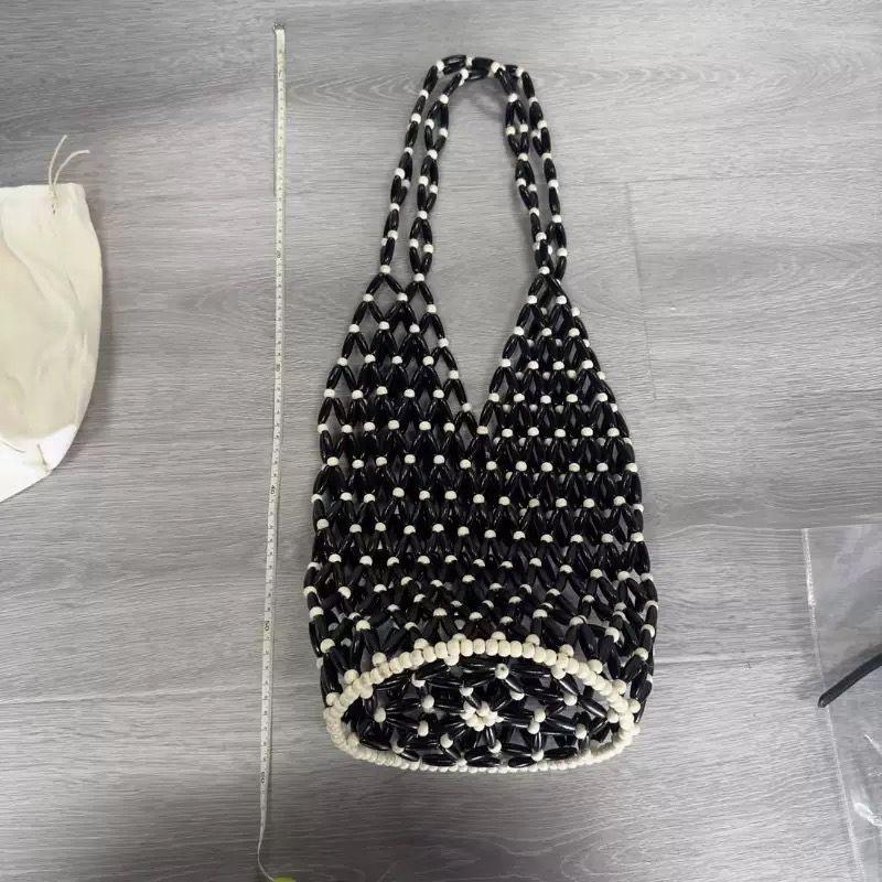 2025 New Design Summer Handmade Lady Wooden Bead Woven Tote Bag Hollow-out Shoulder Bag Travel Beach Underarm Bucket Bag Handbag