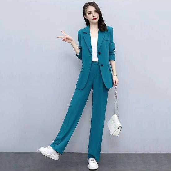 Spring Autumn Thin Section Blazer Women's Lapel Button Section Jacket + Casual Straight Trousers Two Piece Set