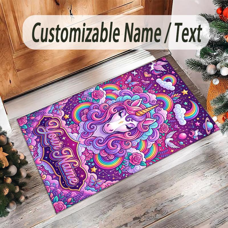 Unicorn Theme Crystal Velvet Floor Rug Personalized Custom Name Text Warm Carpet Home Decoration