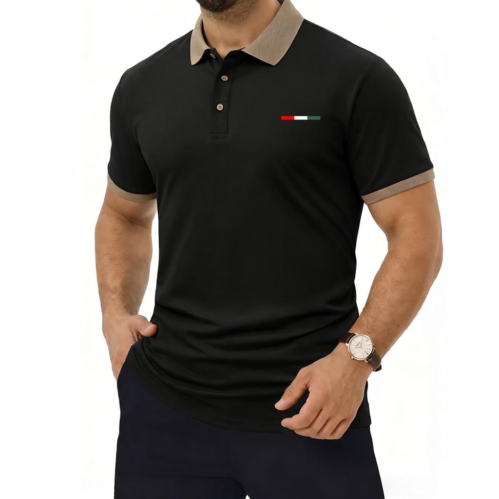 Casual men's golf polo shirt with a three-button collar and contrasting collar trim-made from soft fabric, perfect for work or social gatherings
