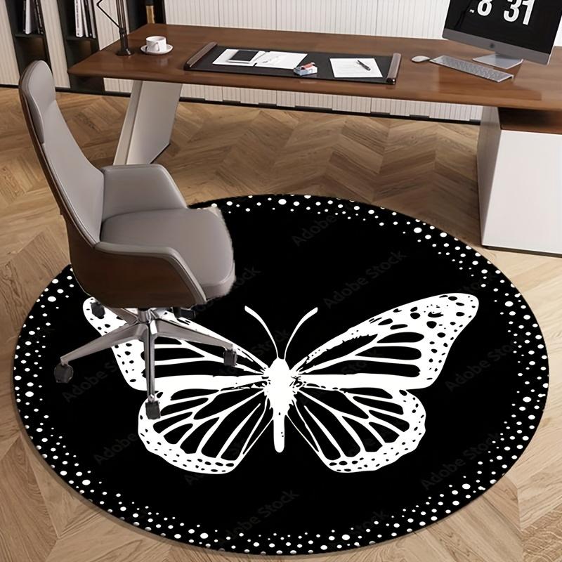1pc White Butterfly Print Non-Slip Floor Mat | Round Polyester Rug for Living Room, Bedroom, and Chairs, Crystal Velvet Fabric
