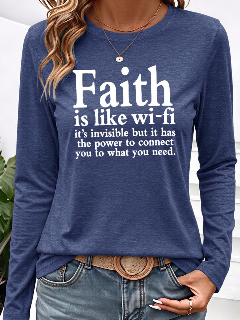 Women's Casual Long Sleeve Crew Neck Tee with Inspirational Faith Quote Print, Soft & Minimalist Top for Commute, Vacation, Outdoor