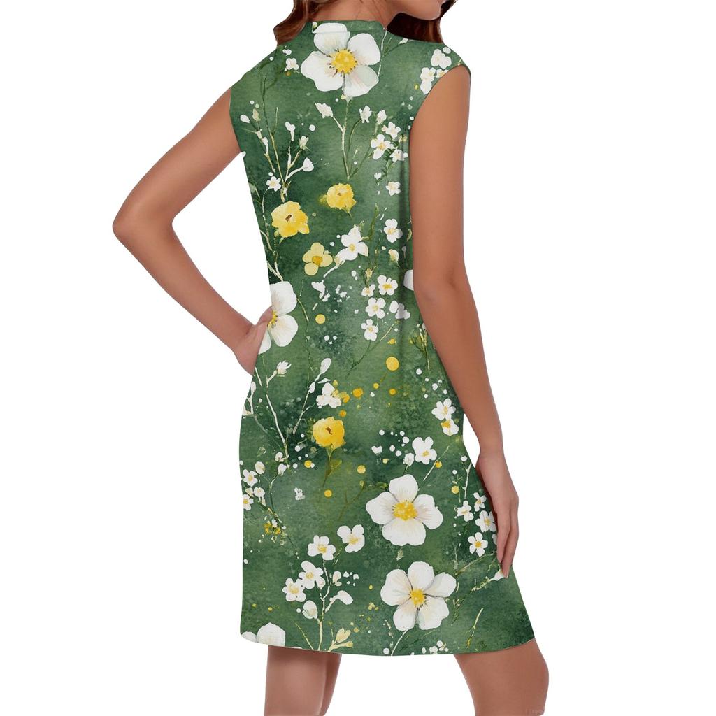 Женское повседневное и модное платье средней длины с круглым вырезом и без рукавов с принтом