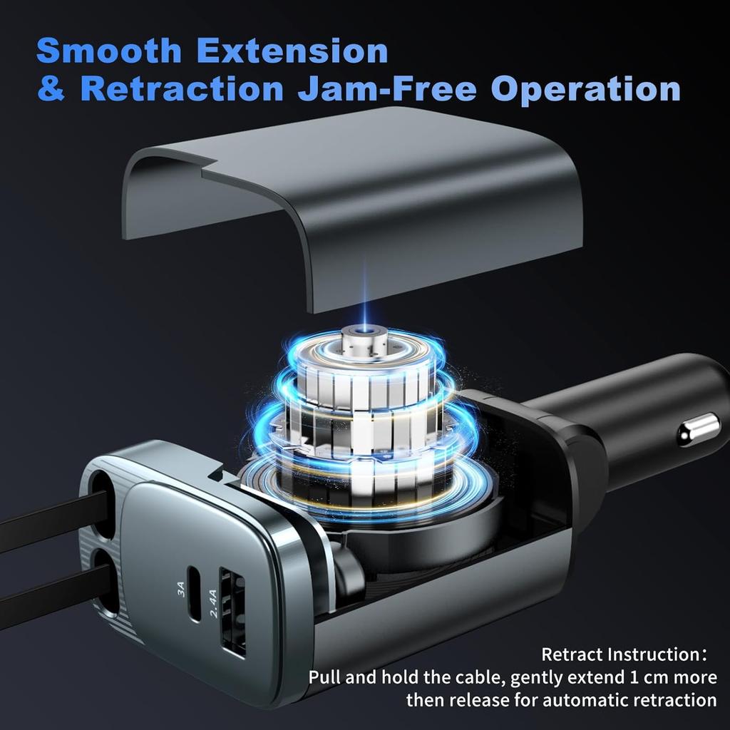 Выдвижное автомобильное зарядное устройство 84 Вт Автомобильное зарядное устройство USB C 4 в 1, Автомобильные аксессуары Адаптер для быстрой зарядки автомобильного зарядного устройства для iPhone 17 16 15 14 13 12 Pro Max, Samsung