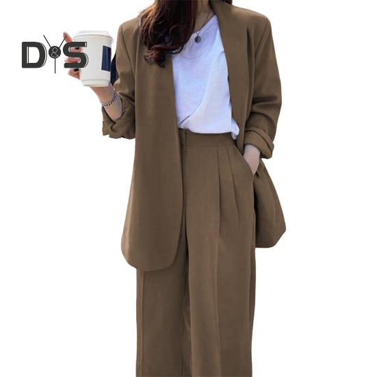 Женский комплект из 2 предметов: пальто и брюки, длинный рукав, ажурный кардиган, куртка средней длины, свободные прямые широкие брюки с высокой талией, формальные деловые брюки