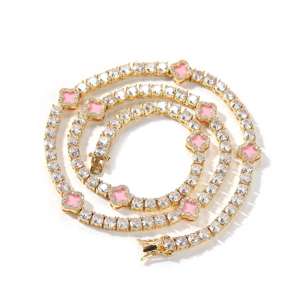 New Arrival Mini Four Leaf Clover Necklace Cz Stone Bling Bling Tennis Chain Women Jewelry Necklace