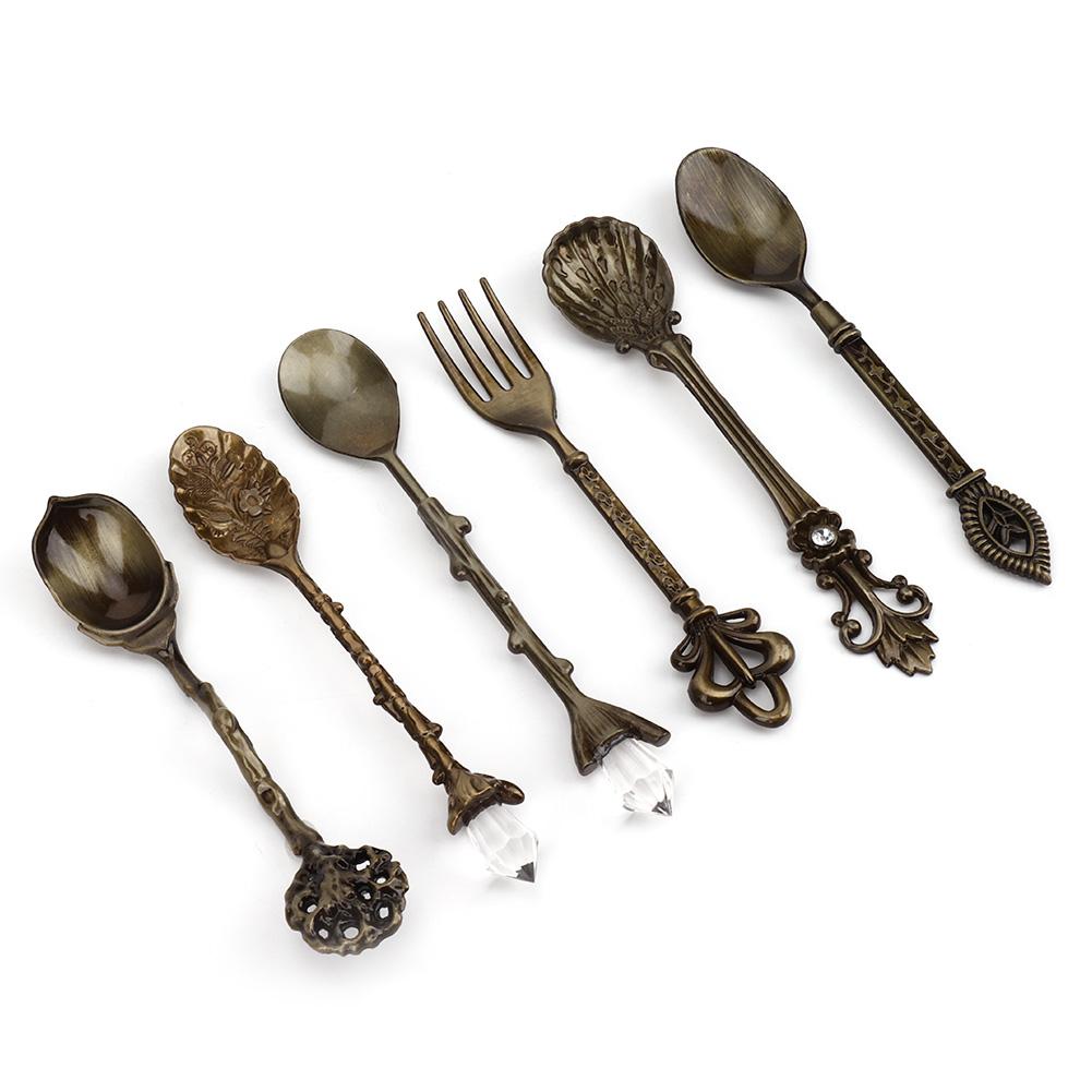 Набор из 6 предметов, инновационный винтажный ретро-набор ложек и вилок из цинкового сплава, столовые приборы, кухонные принадлежности(Зеленая бронза