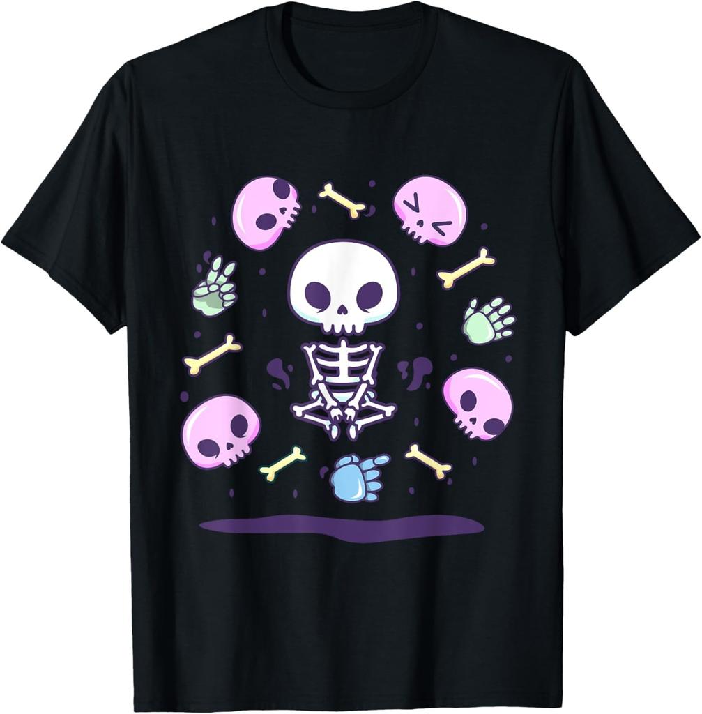 Kawaii Pastel Goth Cute Creepy Cat Bat Skeleton T-Shirt Print Original Design Gifts T Shirts Mens Clothing Camisas Streetwear
