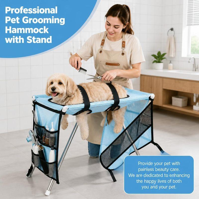 Dog Cat Grooming Hammock with Stand, Pet Restraint Sling for Nail Trimming, Grooming Table for Small Medium Pets