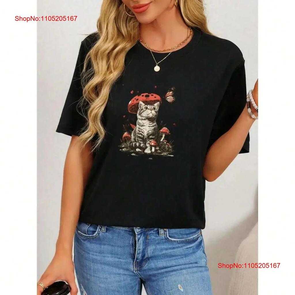 Ladies Cute Cat Mushroom Hat Pattern T Shirt Loose Fit Soft Top Vintage Graphic Designer Clothes Casual Unisex