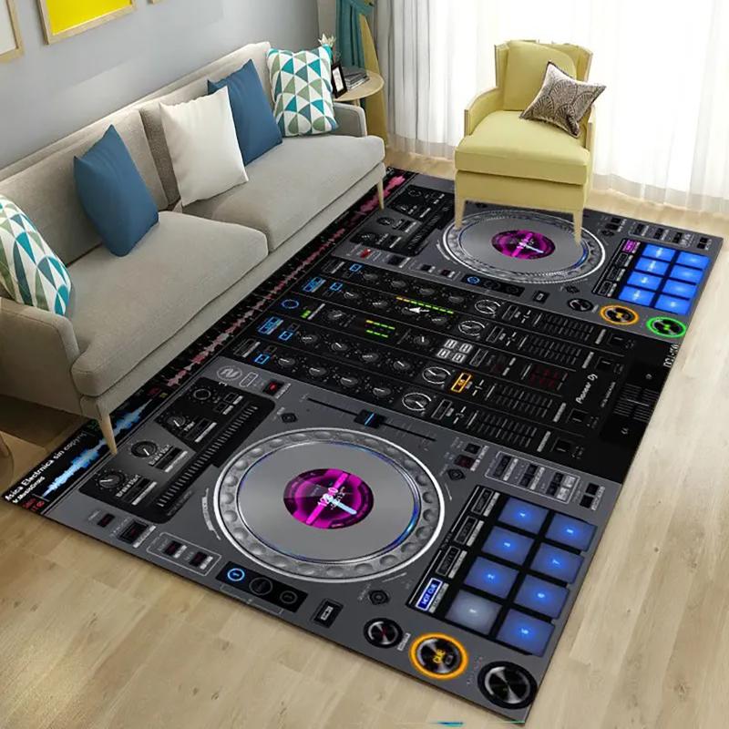 DJ Turntable Themed Large Area Rug, Colorful Mixer Console Motifs, Trendy Living Room Carpet, Varied Design Floor Cover