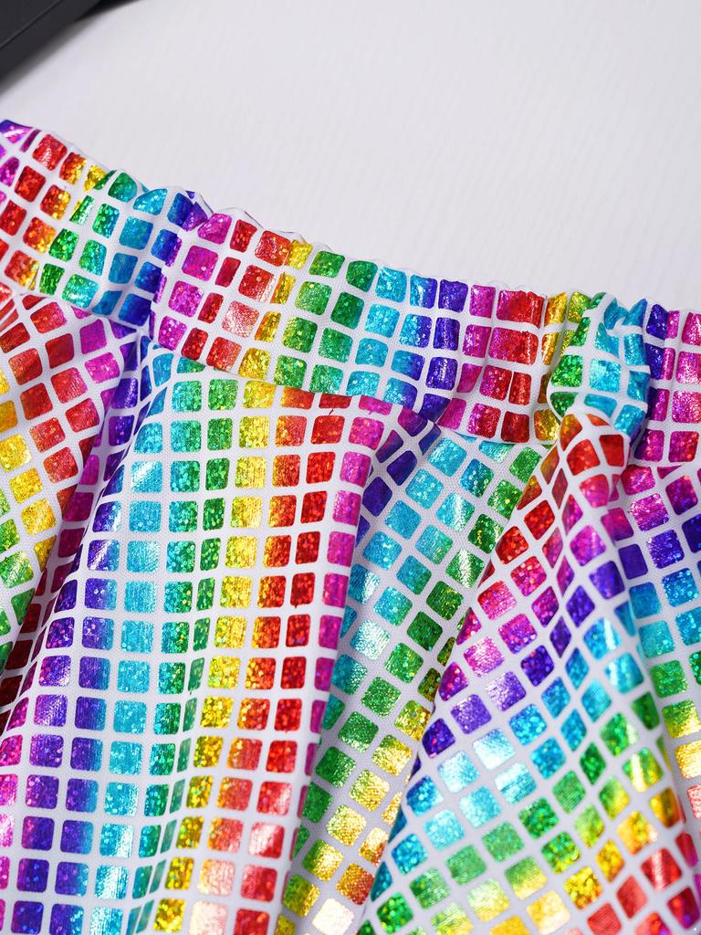 Girls Skirt Elastic Waistband Ruffled Shiny Plaid Sequins Clubwear Mini Skirts for Cheerleading Music Festival Rave Costume