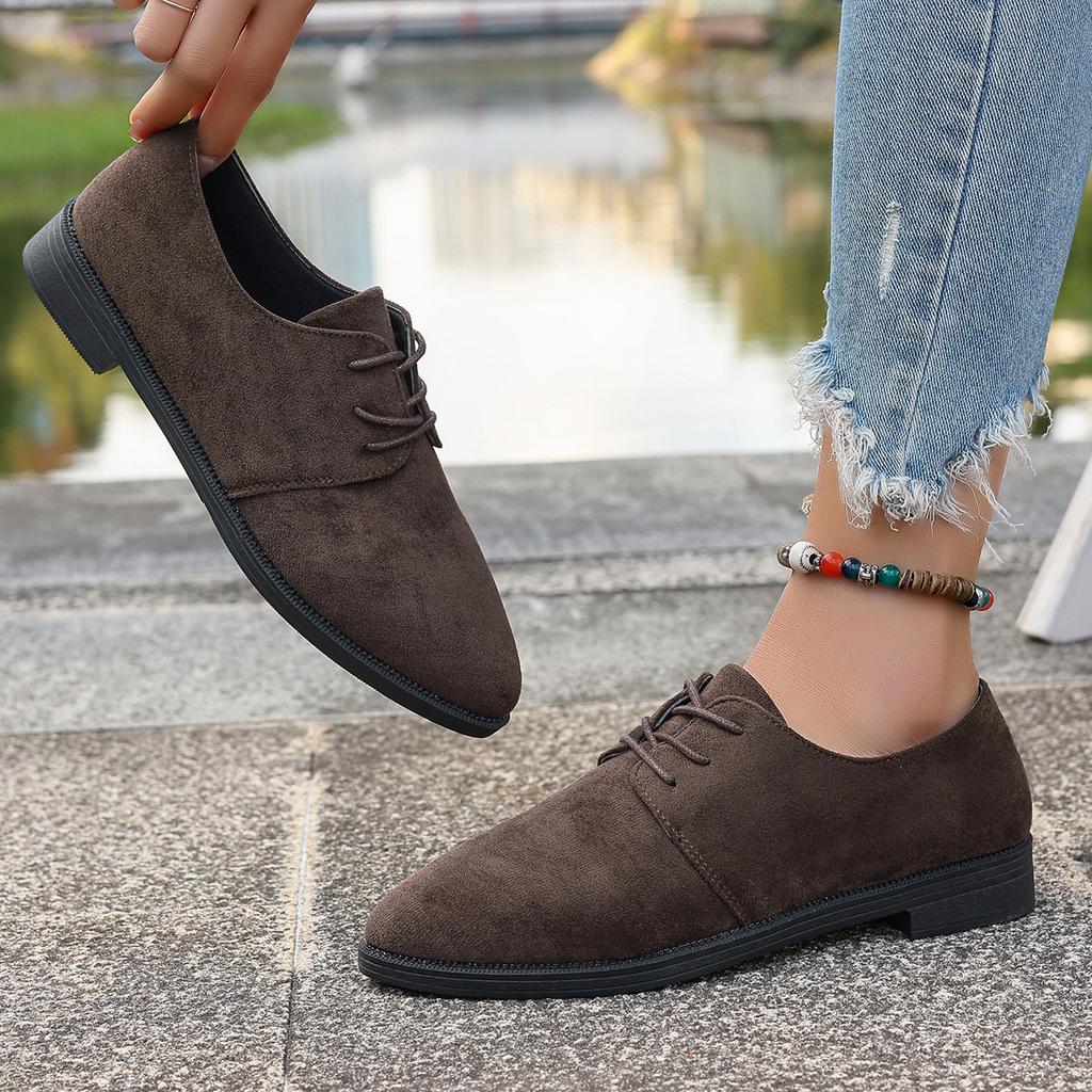 Мода Ретро Женские Балетки Повседневные Замшевые Однотонные Одинарные Туфли Женские На шнуровке с Острым Носком Обувь Весна Осень Толстый Каблук Мокасины