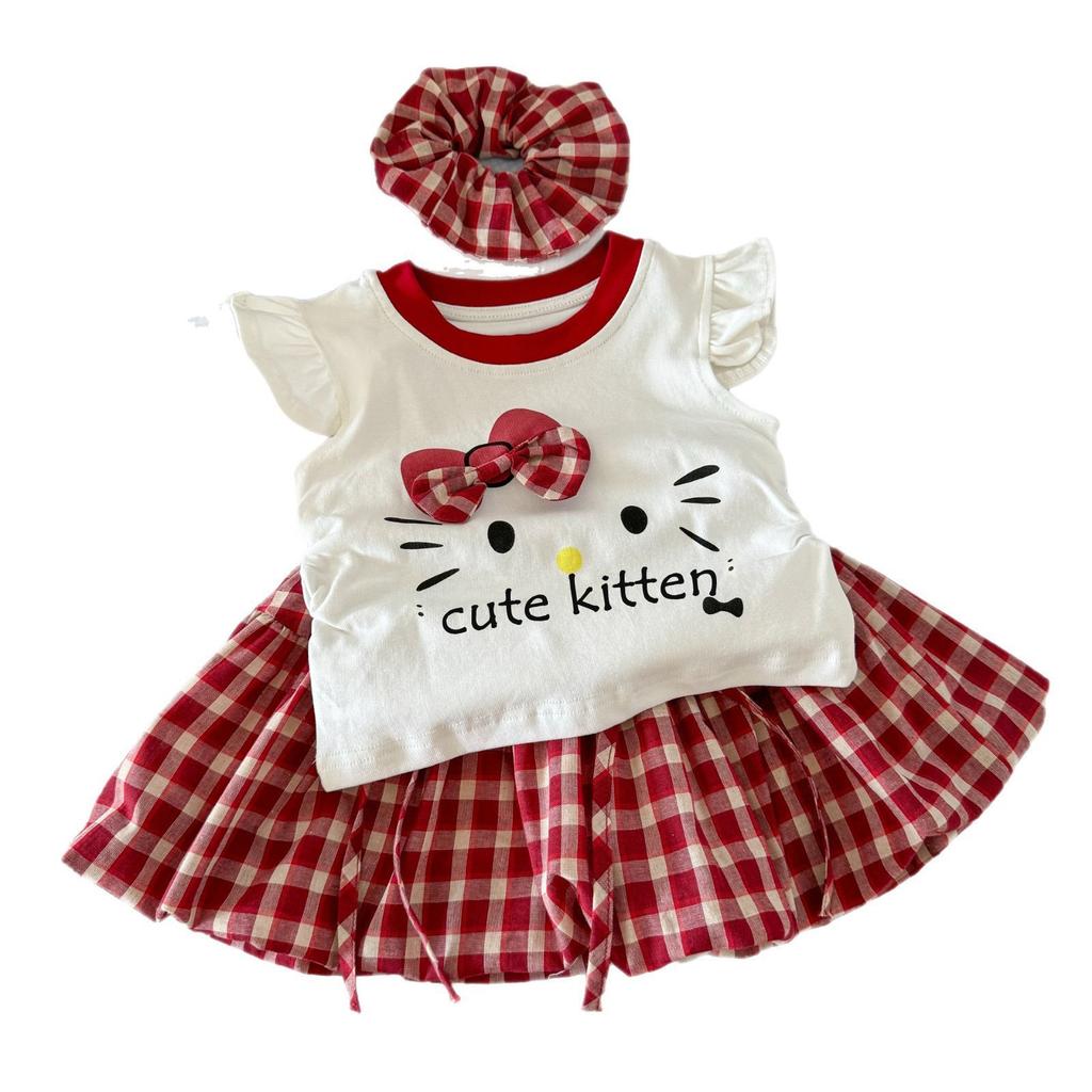 Sanrio Hello Kitty Летний Комплект для Девочек Мультяшная Футболка с Коротким Рукавом и Шортами Милый Клетчатый Топ Детские Топы Брюки Детская Одежда