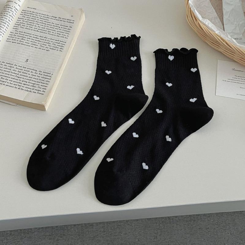 Женские летние тонкие милые дышащие сетчатые носки-гольфы средней длины с кружевом в виде сердечек