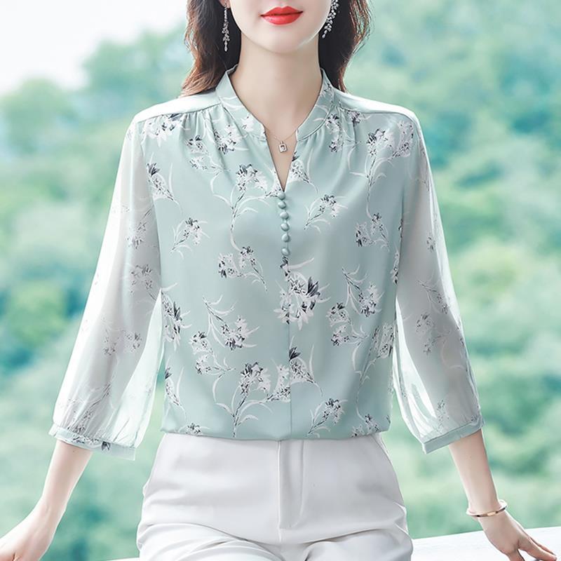 Милая шифоновая блузка для женщин, корейские женские топы и блузки с пышными рукавами, кардиган, рубашки с цветочным принтом, весна-лето