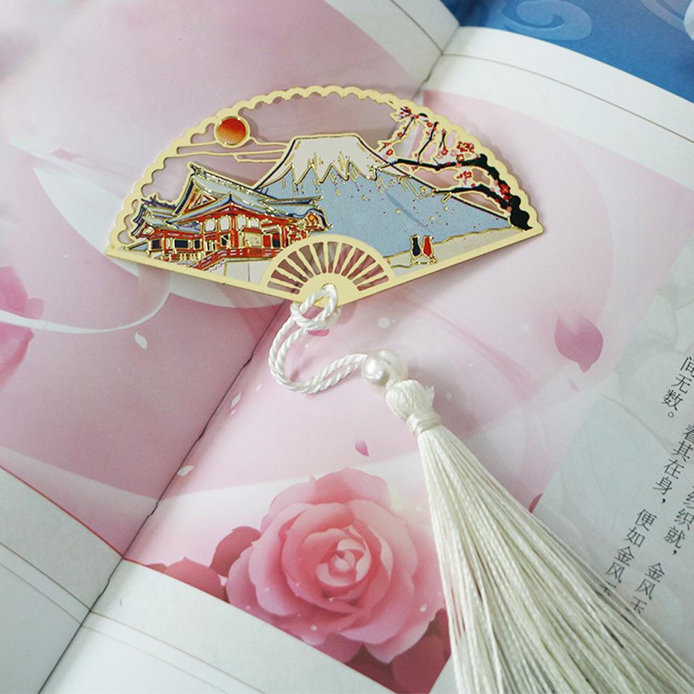 Supplies Retro Tassel Crane Flower Book Clip Brass Bookmark Folding Fan Shape Pagination Mark