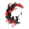 Halloween Moon Cat Wreath for Front Door Crescent Moon Wreath Sign with Artificial Rose Flowers for Gothic Home Decoration