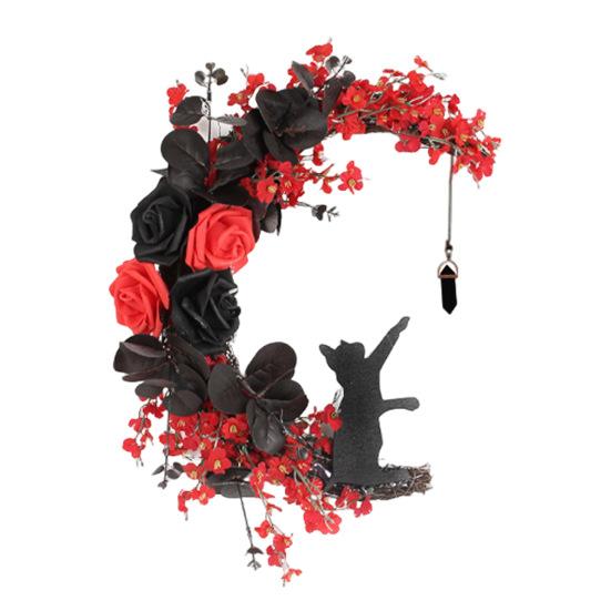 Хэллоуинский венок «Лунный кот» для входной двери, венок в виде полумесяца, табличка с искусственными цветами роз для готического домашнего декора