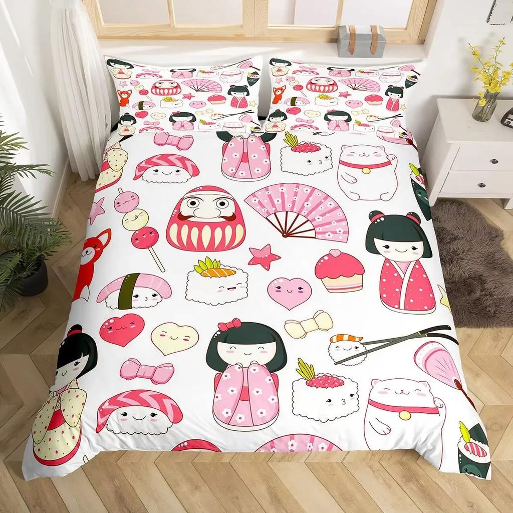 Комплект пододеяльника Lucky Cat в японском стиле с волновым узором, комплекты постельного белья для взрослых и детей, экзотический декор для спальни, комплект из 3 предметов: пододеяльник размера кинг